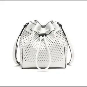 Womens Rag & Bone Mini Aston White Perforated Leather Drawstring Bucket Handbag
